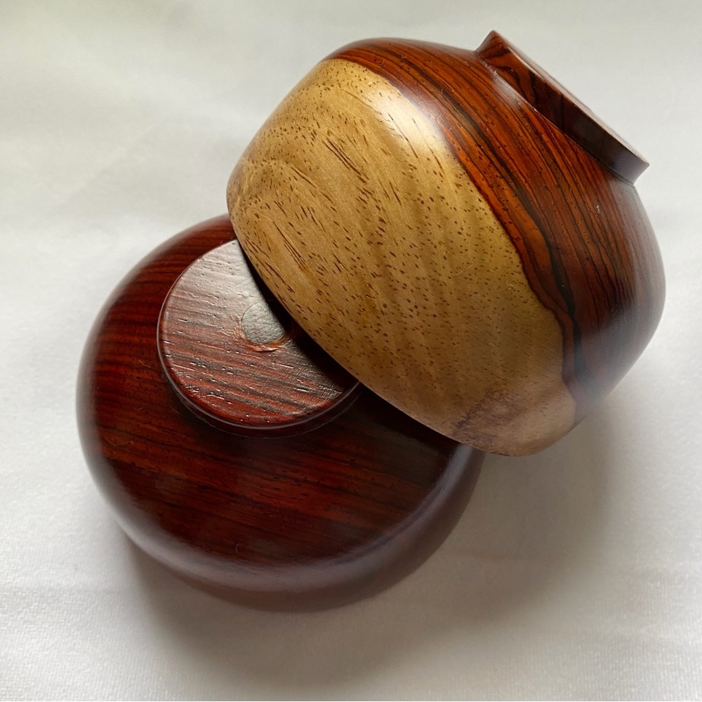 Vintage Wooden Double Bowl Set with Spoon - Rich Brown and Natural Wood Trim - Picture 11 of 12